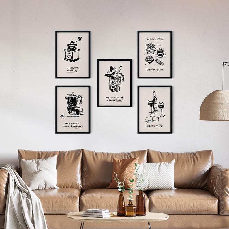 abstract kitchen art prints: modern line drawing set... Set of 5 Kitchen Printable Wall Art, Bundle Art Prints, Modern Kitchen ...