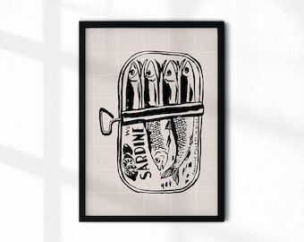 Impresión de lata de sardinas, arte de pared de cocina, impresión de peces, decoración de cocina retro, arte de pared de mariscos dibujados a mano vintage, impresión de lucio, sardinas imprimibles