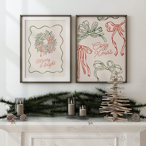 Printable Vintage Christmas Wall Art, Neutral Set of 2 Farmhouse Christmas Decor Wall Art, Cozy Holiday Poster, Festive Prints Set, Digital