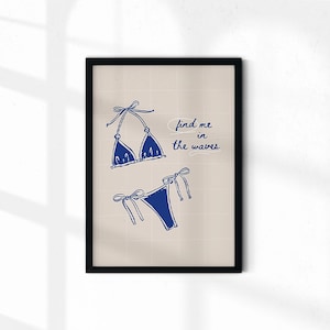 Bikini Print Blue Beachy Wall Art, Coastal Aesthetic Poster, Summer Digital Print, Bikini on Clothesline Trendy Wall Art, Preppy Print