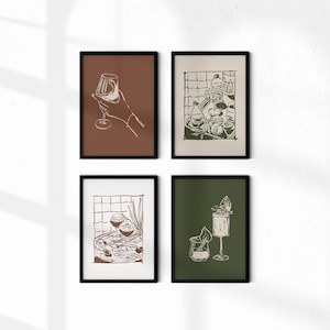 Kunst aan de muur keuken, set van 4 posters, keuken afdrukbaar, boho eetkamer muur decor, cocktail print set, mixologie kunst, wijn afdrukbare kunst