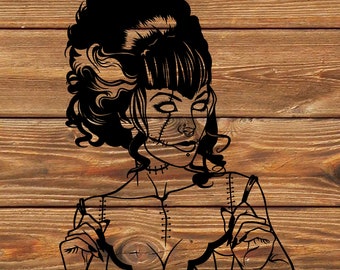 May include: Black and white illustration of a woman with stitched seams on her body, wearing a spiderweb-patterned lingerie. The woman has a hairstyle reminiscent of Frankenstein's monster.