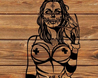 May include: Black and white illustration of a woman with a scary mask and a pair of Freddy Krueger-style gloves. The woman is wearing a revealing outfit and has the words "NEVER SLEEP AGAIN" tattooed on her stomach.