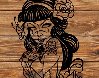 May include: Black and white line art illustration of a woman with stitched skin, a skull and crossbones tattoo, and a rose in her hair. She is holding a rose in her hand and is surrounded by roses.