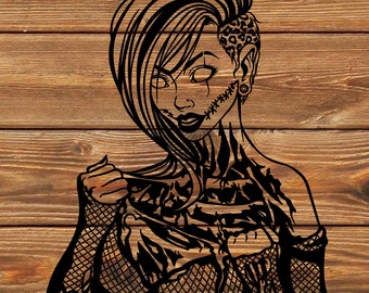 May include: Black and white illustration of a zombie woman with her skin peeling off, revealing her bones. She is wearing a black mesh top and has a wild hairstyle.