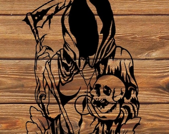 May include: Black and white silhouette of the Grim Reaper holding a skull in one hand and a scythe in the other. The Reaper is standing on a floral design.