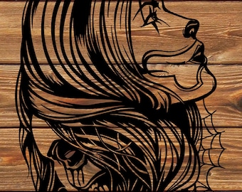 May include: Black and white line art illustration of a woman's face with a skull underneath her hair. The woman's face has a clown-like makeup design with exaggerated features. The skull has a tear running down its cheek.