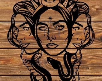 May include: Black and white illustration of a woman with three faces, each with a different expression. She is wearing a crown with a crescent moon and stars. A snake wraps around her neck and body.