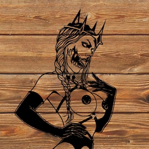 May include: Black and white illustration of a woman wearing a crown, a corset, and gloves. She has a skull-like face and is looking down.