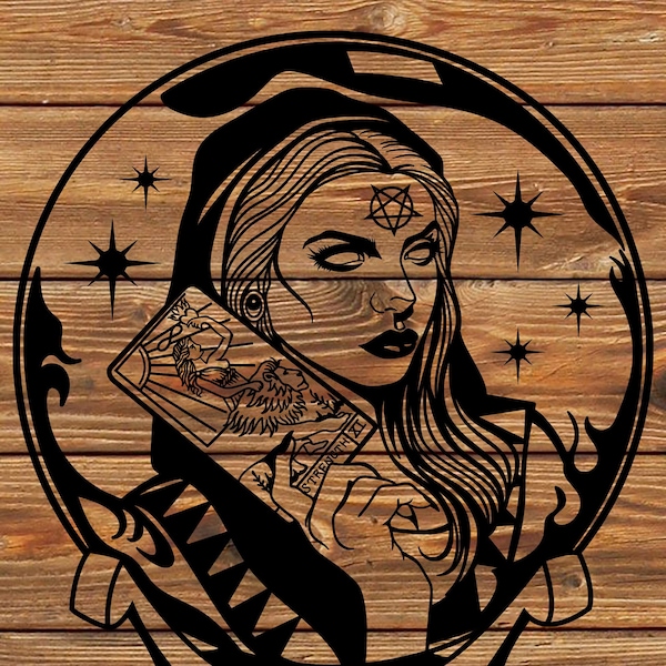 PNG SVG DXF File  Gypsy - Fortune Teller - Woman - Tarot Cards - Tattoo - Stencil for Cricut - Vinyl Cutter