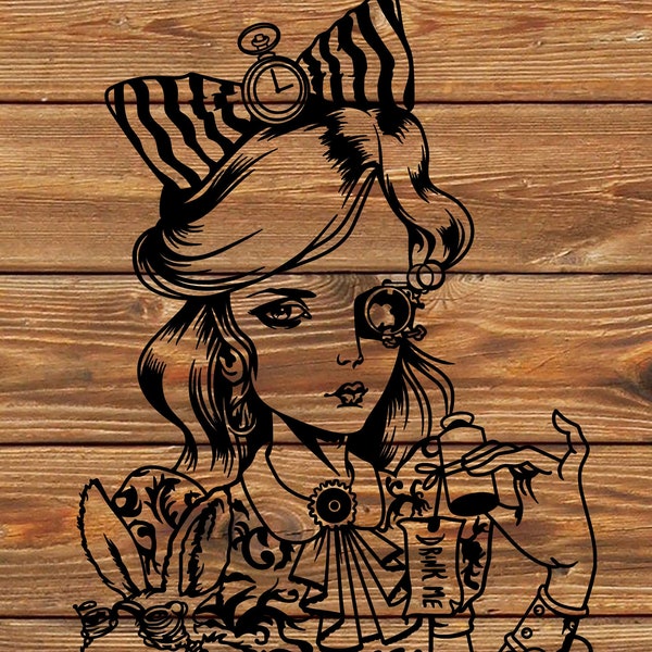 PNG SVG DXF Archivo Creepy - Plantilla de tatuaje de Alice retorcida - Silueta para Cricut - Cortador de vinilo