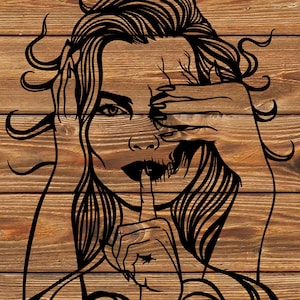May include: Black and white line art illustration of a woman with long hair. She is covering one eye with her hand and has her finger to her lips as if to say "shhh".