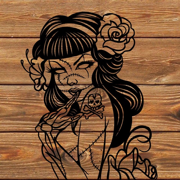 Plantilla SVG de chica pin-up zombi: personaje de dibujos animados de terror (descarga digital)