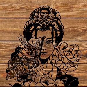 PNG SVG File Japanese Pretty Geisha Warrior Girl Tattoo Stencil for Cricut - Vinyl Cutter