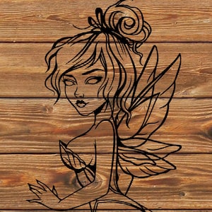 May include: Black and white line art illustration of a fairy with wings, a flower, and a long flowing dress.