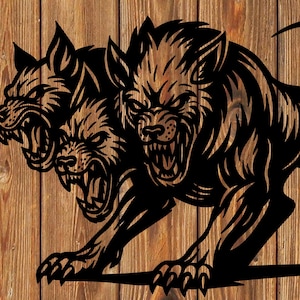 May include: Black metal Cerberus sculpture, a three-headed dog from Greek mythology. The artwork features a detailed silhouette of the mythical beast with snarling faces and sharp claws, ideal for home decor.
