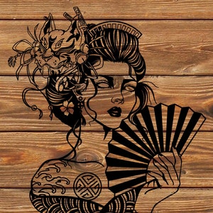 May include: Black and white illustration of a geisha with a traditional Japanese hairstyle, holding a fan and wearing a mask. The geisha has a tattoo on her arm and a symbol on her chest.