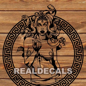 May include: Black and white illustration of Medusa, a Greek mythological figure with snakes for hair, inside a circular frame with a Greek key pattern.