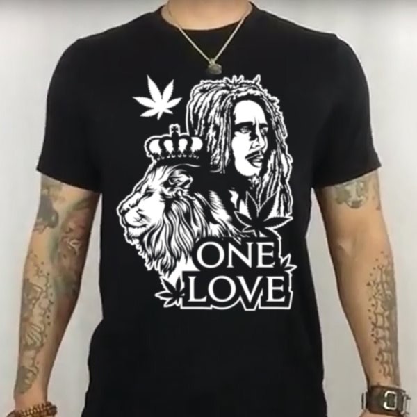 Bob Marley One Love Reggae Cool Lion Vinyl Tee - Top - T - Chemise - Noir 100% Airlume peigné et anneau coton filé