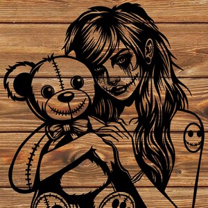 May include: Black and white illustration of a woman with stitched-up facial features holding a stitched-up teddy bear. The woman has long hair and a stitched-up smile on her arm.