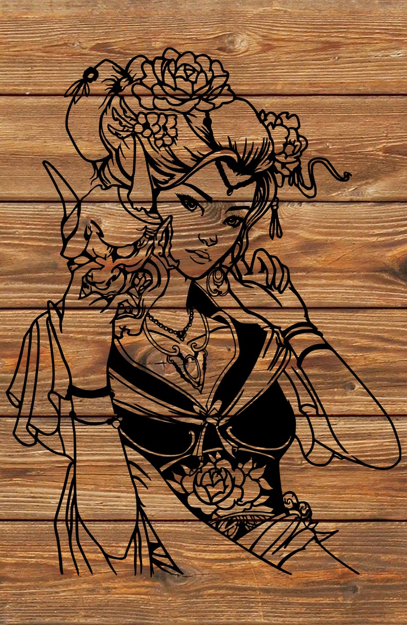 Download PNG SVG File Japanese Pretty Geisha Girl Tattoo Stencil for | Etsy