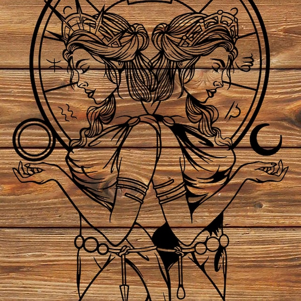 PNG SVG DXF Archivo Cool Géminis Zodiac Star Sign Tatuaje Plantilla Silueta para Cricut - Cortador de vinilo