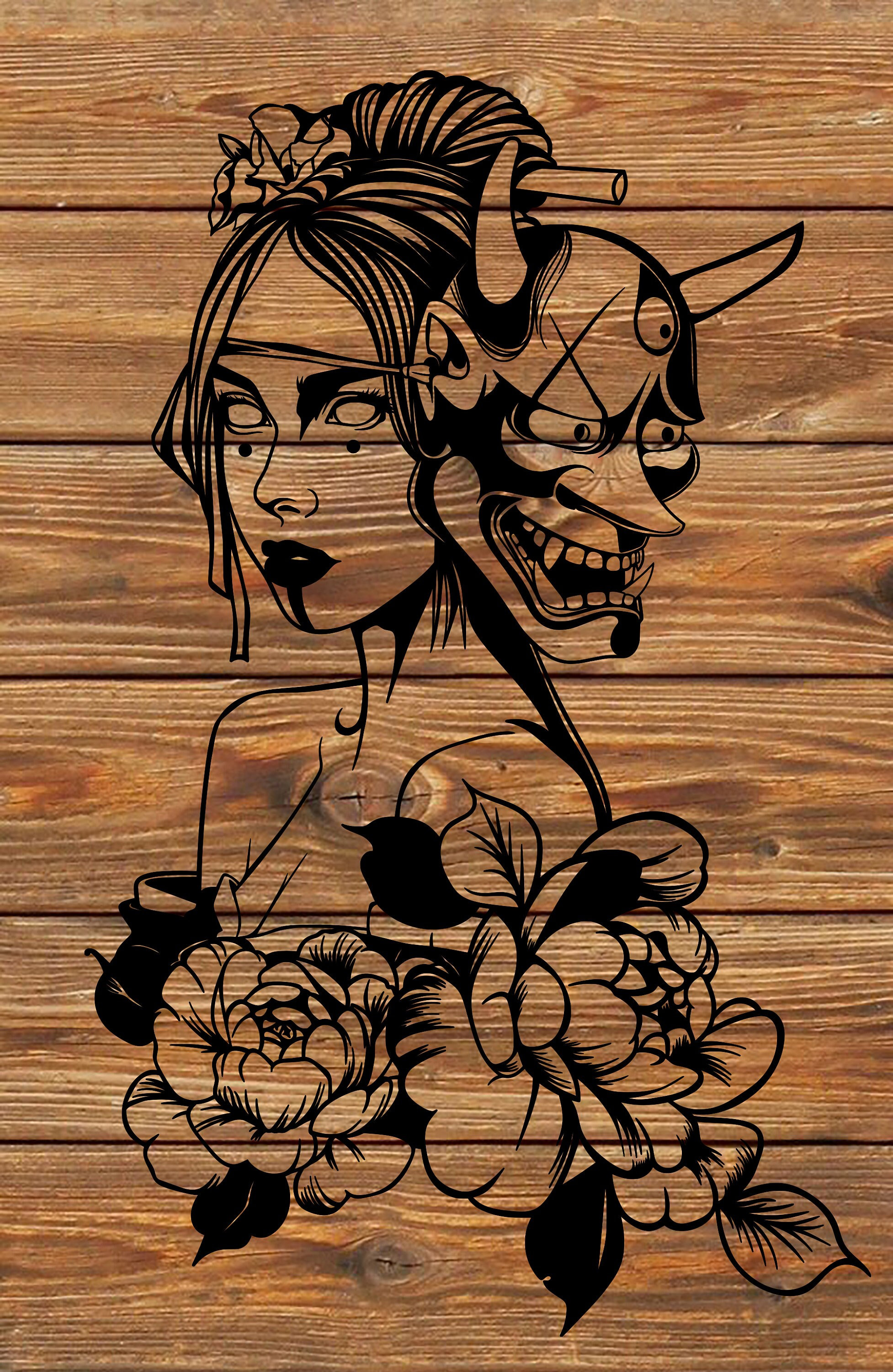 PNG SVG File Japanese Pretty Geisha Girl Oni Mask Tattoo Stencil for Cricut  - Vinyl Cutter, image size:1954x3000