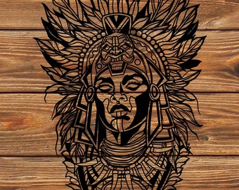May include: Black laser-cut artwork depicting a Native American figure in profile, adorned with a feathered headdress. The intricate design includes facial details and a skull at the bottom. The artwork is set against a wooden background.