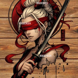 May include: Illustration of a woman with a red blindfold and flowing red ribbons, holding a katana. The artwork features a black and red color scheme with blood-like drips and Japanese text. The background is a wood grain pattern.