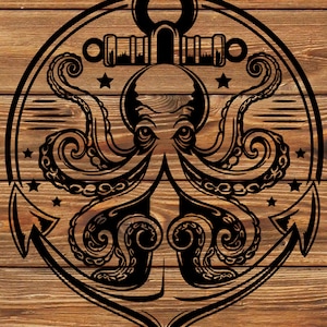 May include: Black and white illustration of an octopus wrapped around an anchor. The anchor has a rope and a ring at the top. The octopus has eight tentacles with detailed swirls. The image is set against a wood grain background.
