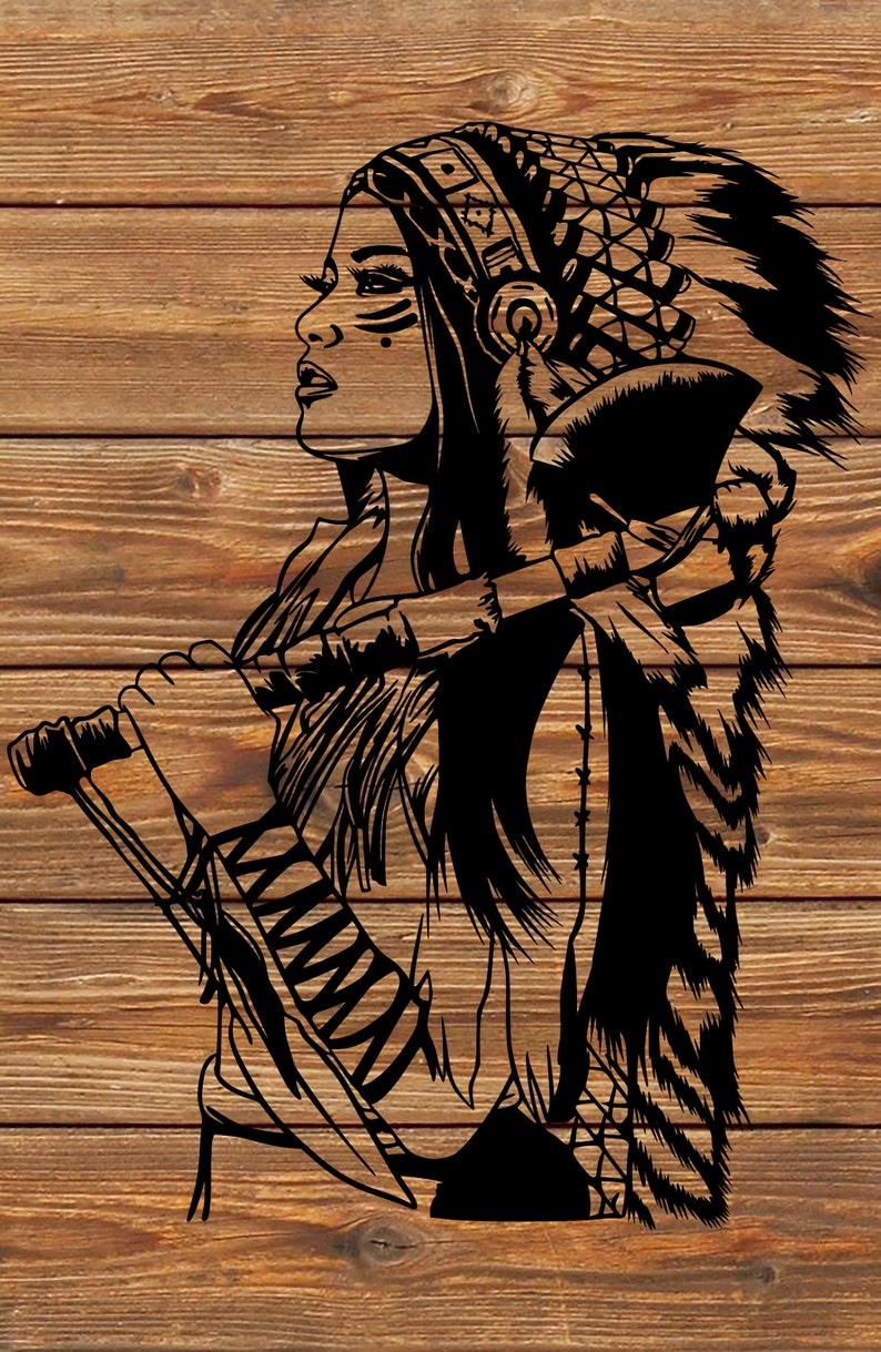 Download PNG SVG File Native American Warrior Girl Stencil for ...