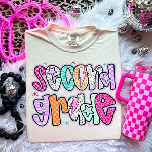 Second Grade Back To School PNG, Preppy Grade Level Sublimation, 2nd Grade Star Lightning Bolt Checker Dalmatian Doodle Digital File