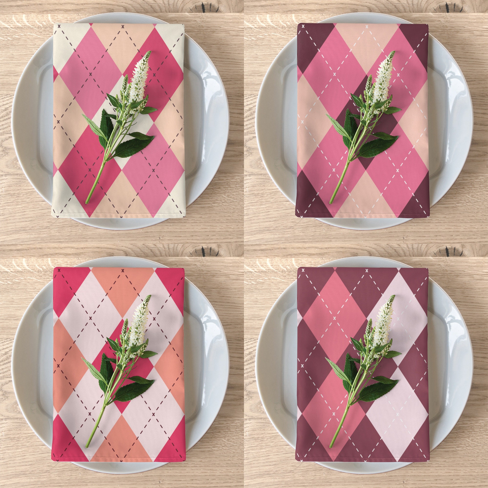 Serviettes en Tissu Ensemble de 4 Argyle Plaid Pink Pattern, Collection Vacances, Décor Table Ferme 