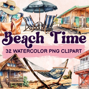 Watercolor Beach Summer Clipart Bundle, Watercolor Tropical Vacation PNG Clip Art Bundle, Commercial Use, Digital Clipart PNG, Scrapbooking
