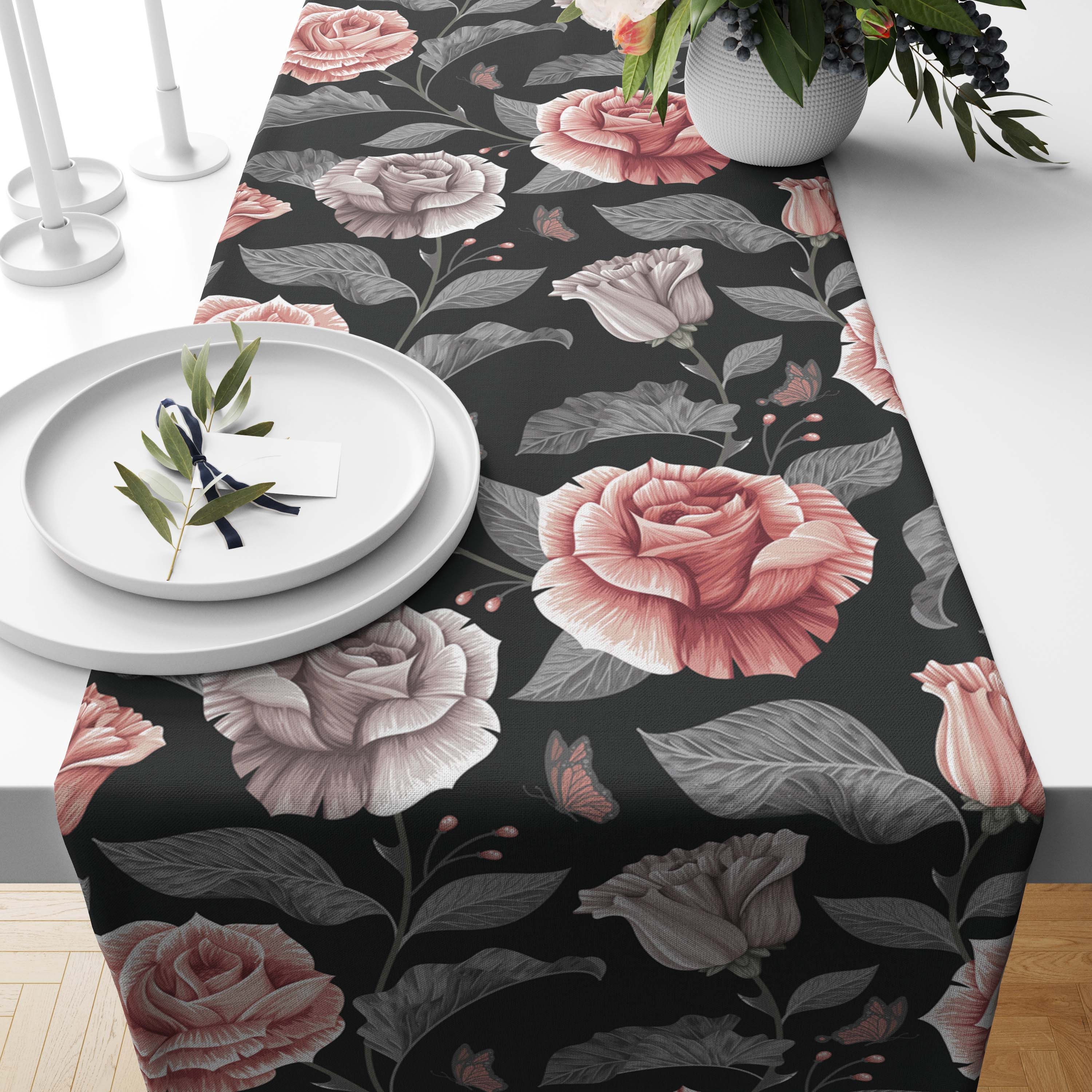 Chemin de Table Floral Vintage Sombre, Salle à Manger Cuisine Rectangulaire Runner, Décor Style Ferm