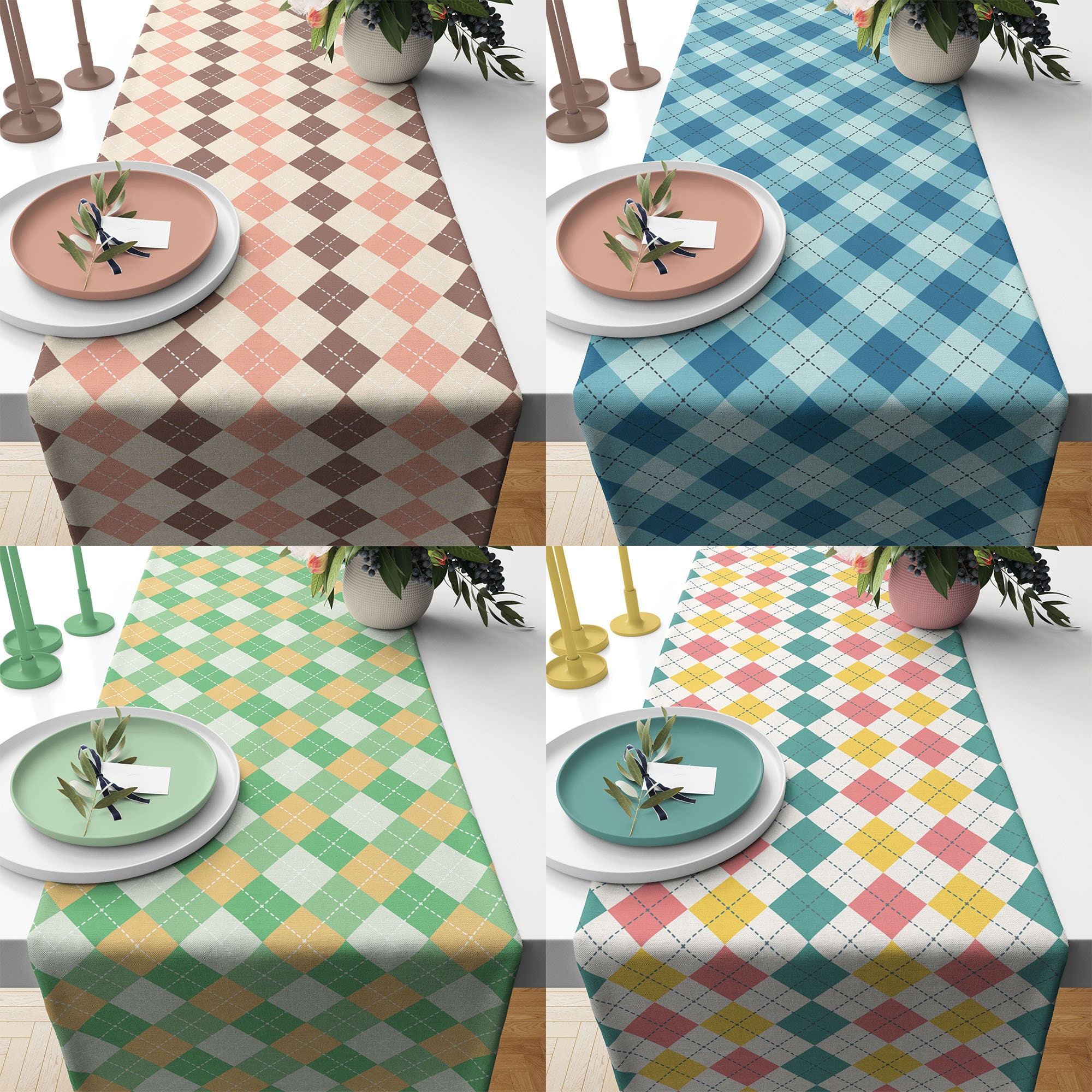 Argyle Plaid Pattern Table Runner, Élégante Salle à Manger Cuisine Rectangulaire Style Ferme, Pendai
