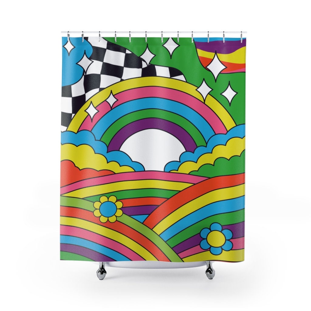 Rideau de Douche Groovy Retro Vibes, Rideau Hippie Art Style Des Années 70, Rideaux Abstraits Hippie