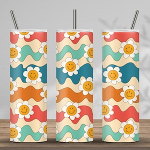 Retro Groovy Daisy Smile Face 20 oz Skinny Tumbler PNG, Retro Flower Tumbler Wrap, 70&#39;s 60&#39;s Hippie Tumbler PNG File, Digital Download