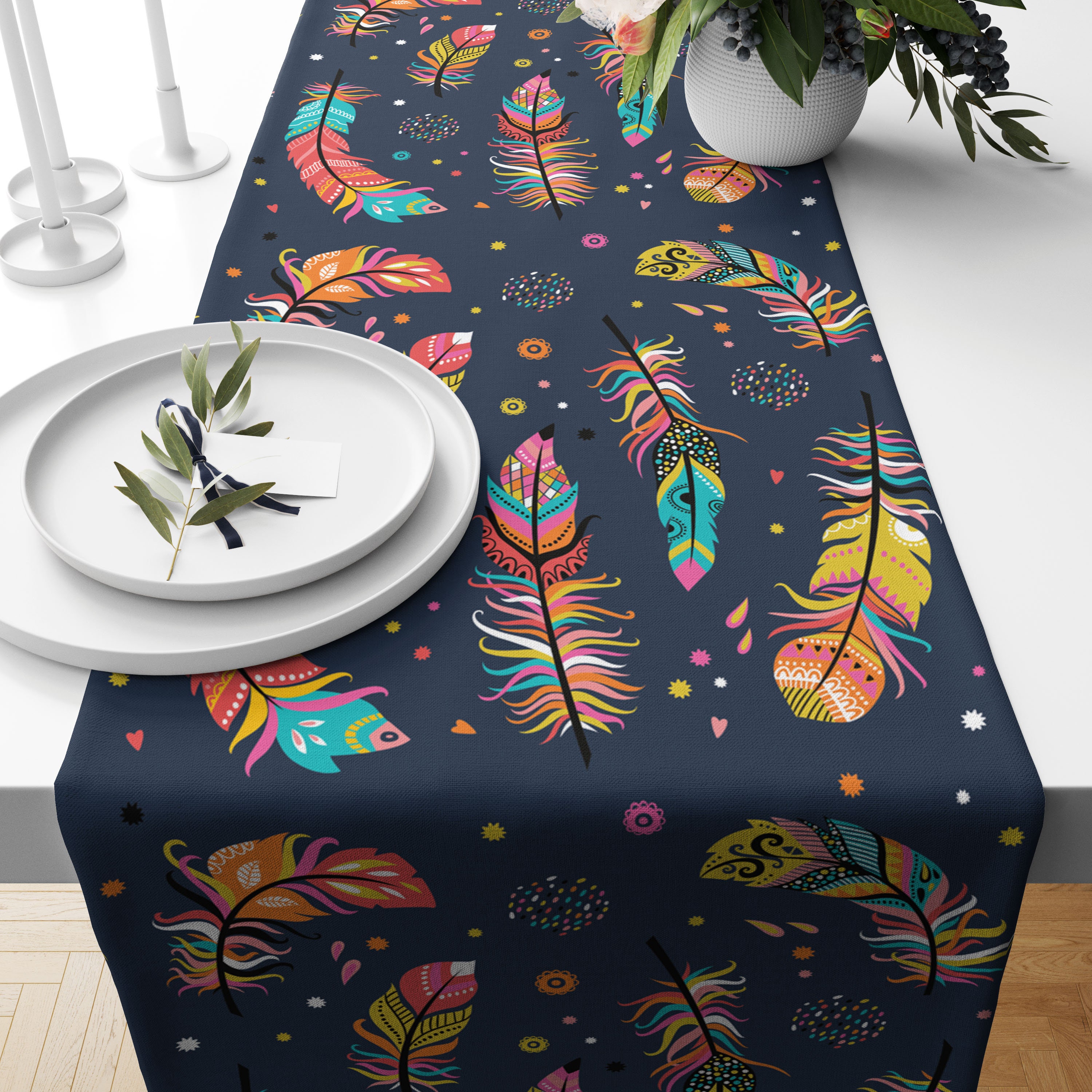 Motif de Plumes Dans Le Chemin Table Style Boho, Cuisine Salle à Manger, Décor Ferme, Cadeau Pendais