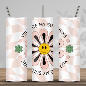 Retro Groovy Daisy Smile Face 20 oz Skinny Tumbler PNG, Retro Flower Tumbler Wrap, 70&#39;s 60&#39;s Hippie Tumbler PNG File, Digital Download