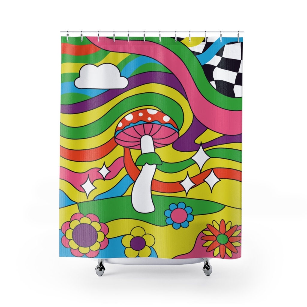 Rideau de Douche Groovy Retro Vibes, Rideau Style Hippie Art Des Années 70, Rideaux Aux Fleurs et Ch