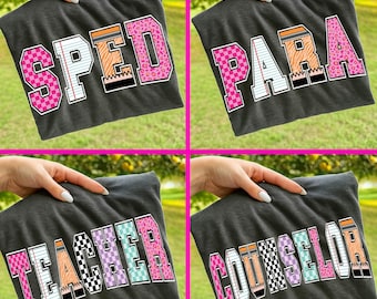 Retro School Occupation PNG Bundle, Back To School Teacher Sped Para Counselor, Preppy First Day Checkered Girly Digital File