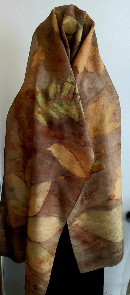 Ecoprinted Silk Scarf  Shawl  Headscarf  Boho  Sash  Wall Hanging Organic Art - Huge 72 X 14 inches#104