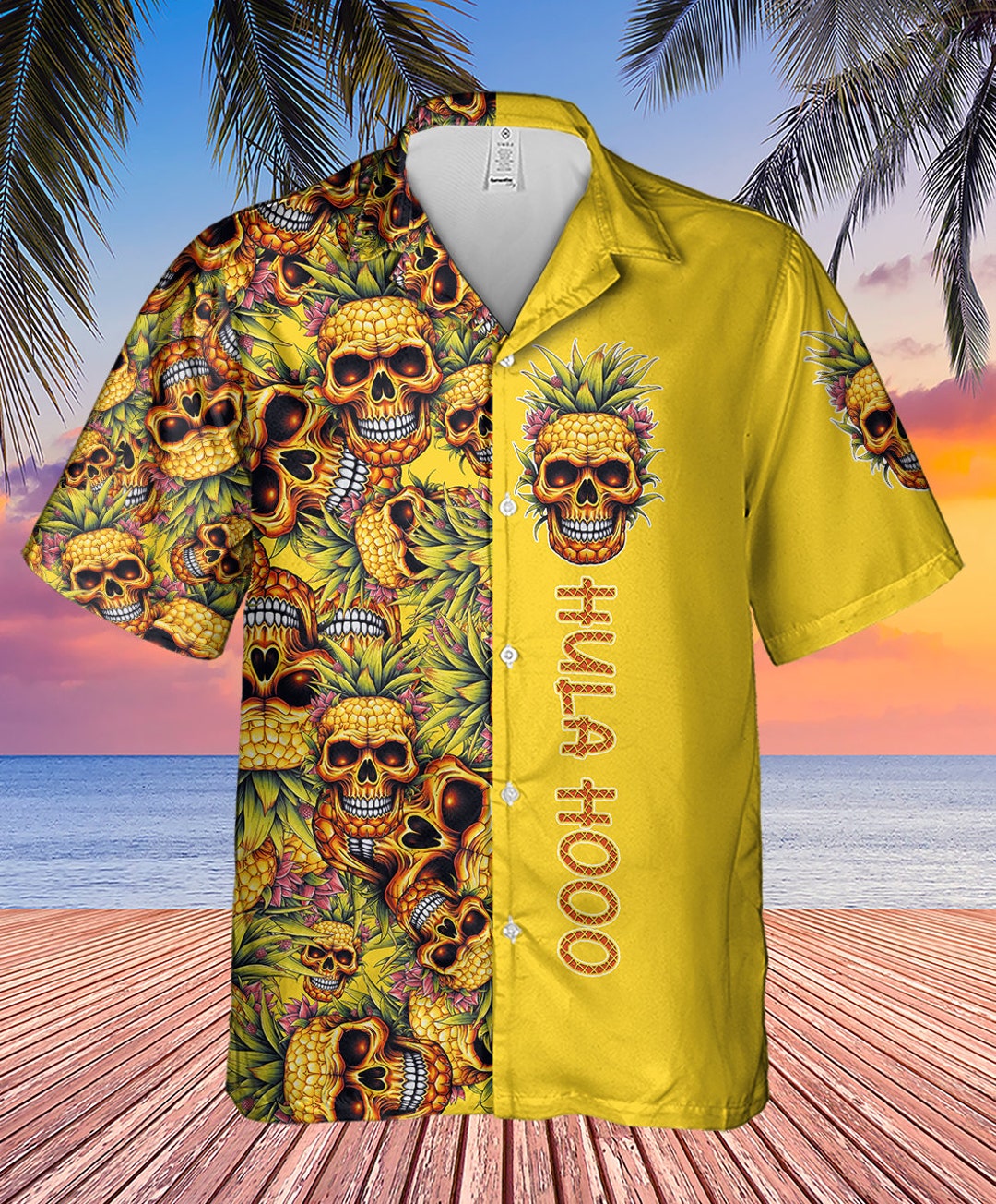 Hula Skull Pineapple Tropical Yellow Hawaiian Short Sleeve 