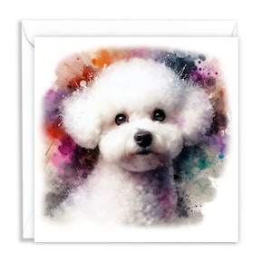 May include: A white Bichon Frise dog with a fluffy coat is looking directly at the viewer. The dog is surrounded by a watercolour background with splashes of orange, pink, purple, and blue.