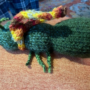 May include: A green knitted bug with a multi-colored knitted worm on its back. The bug has long green legs and a small green antenna.