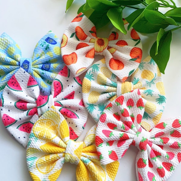 Baby/toddler fruit lemon, strawberry, pineapple, peach, watermelon print bows and headbands