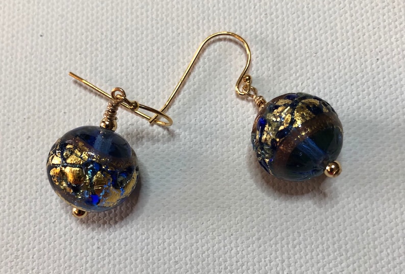 Murano Venetian Glass Blue /& Gold Round Beads Gold Filled French Hook Earrings