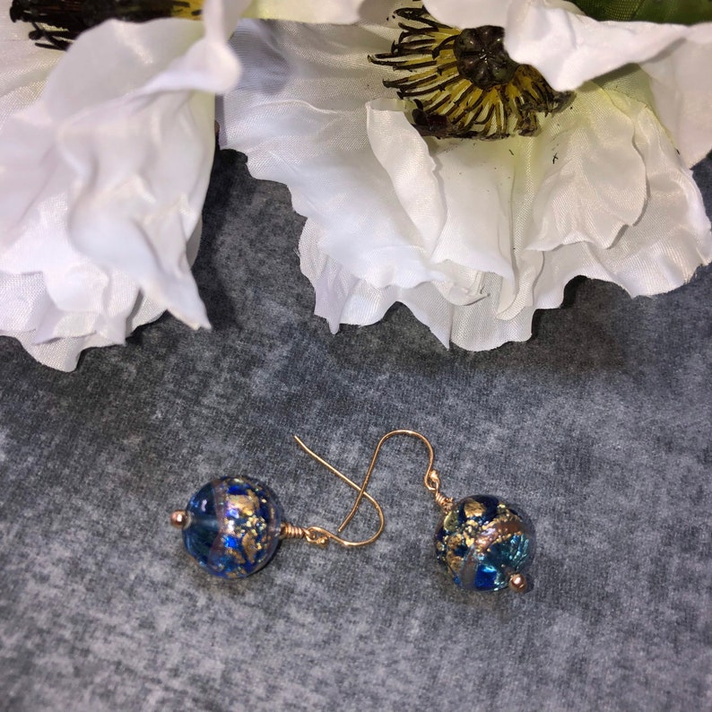 Murano Venetian Glass Blue /& Gold Round Beads Gold Filled French Hook Earrings