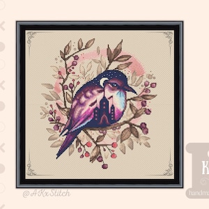 Fantasy Bird Cross Stitch Kit / Roze Paarse Bloemen Borduurpatroon van Maan & Huis in Twilight Dusk, Magic Night Time Story Design Chart